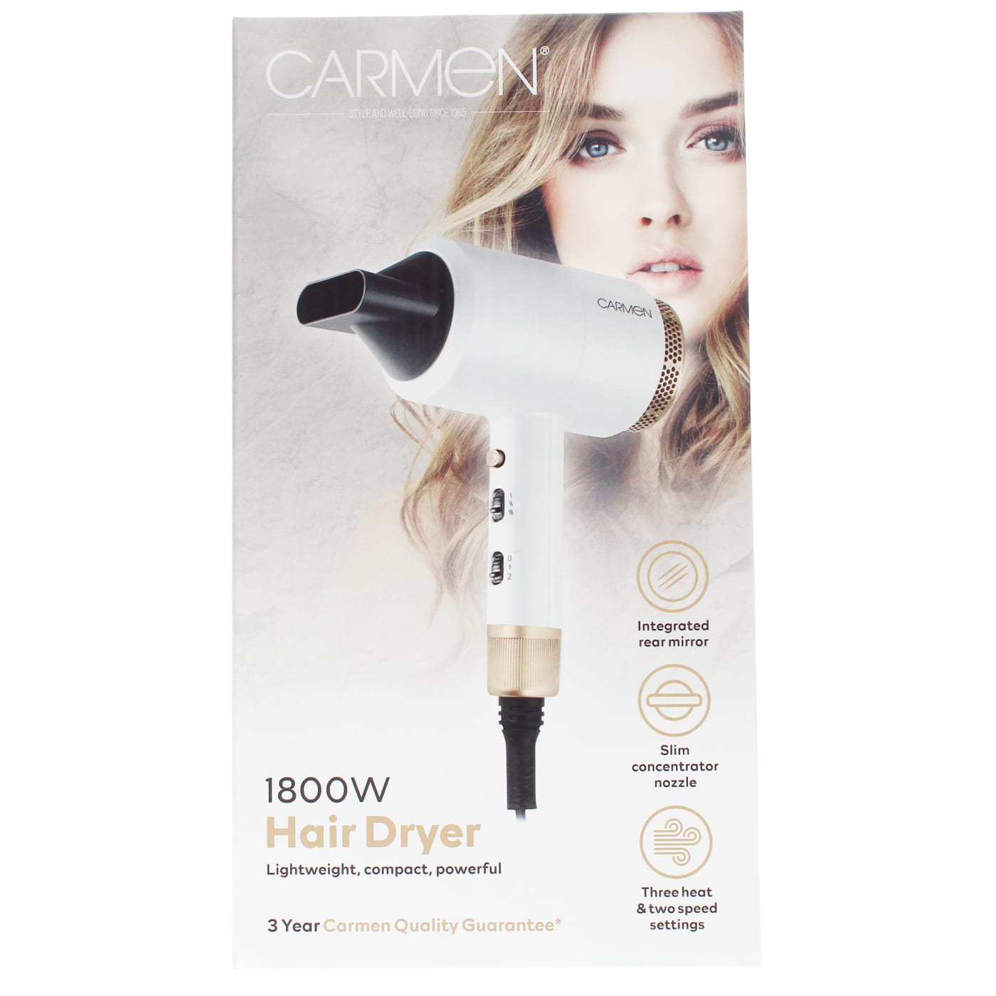 Carmen 1800W Lightweight Professional Hairdryer Pearl White