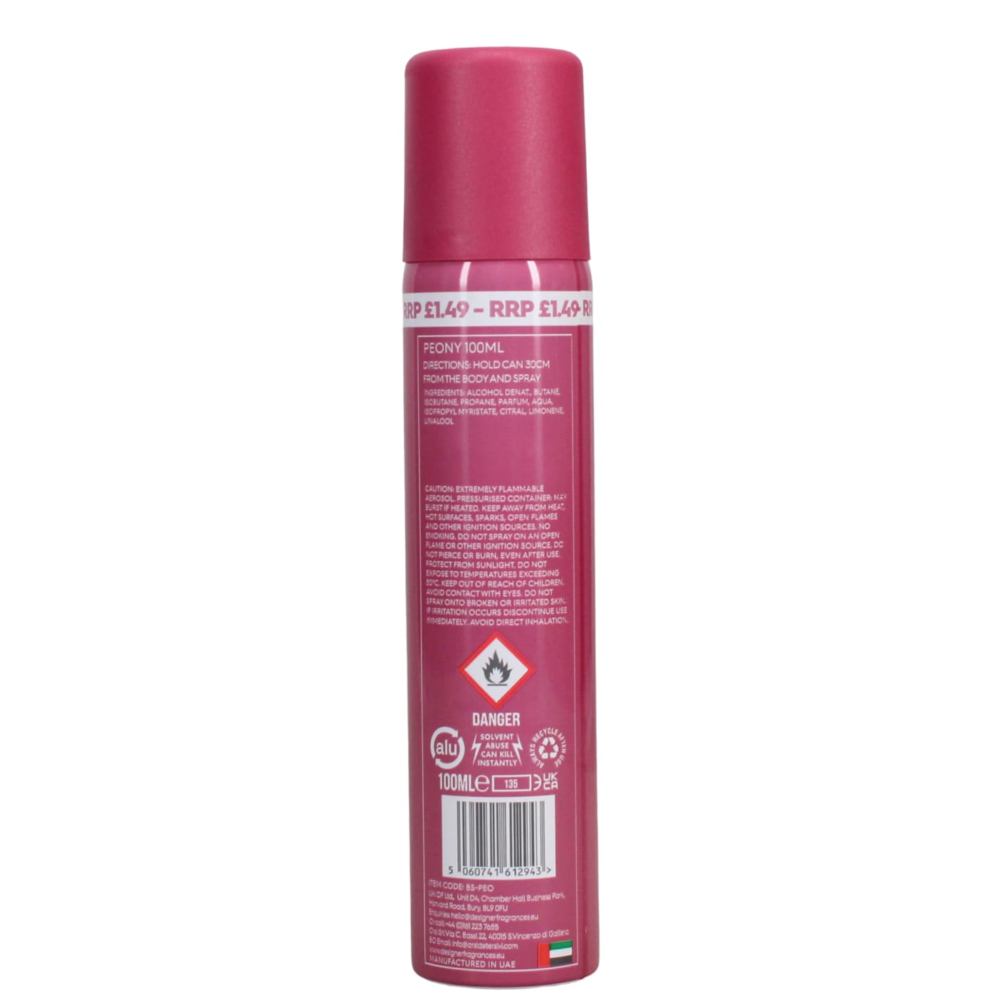 DESIGNER FRAGRANCES 100ML BODY SPRAY PEONY PMP £1.49 06/28