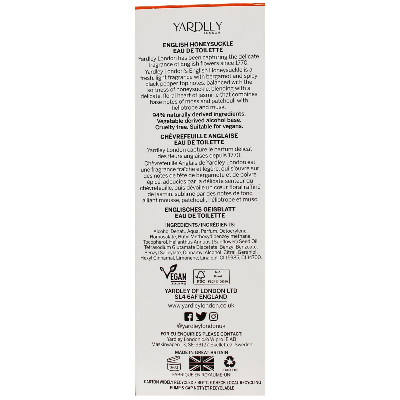 Yardley 125ml EDT Spray Honeysuckle