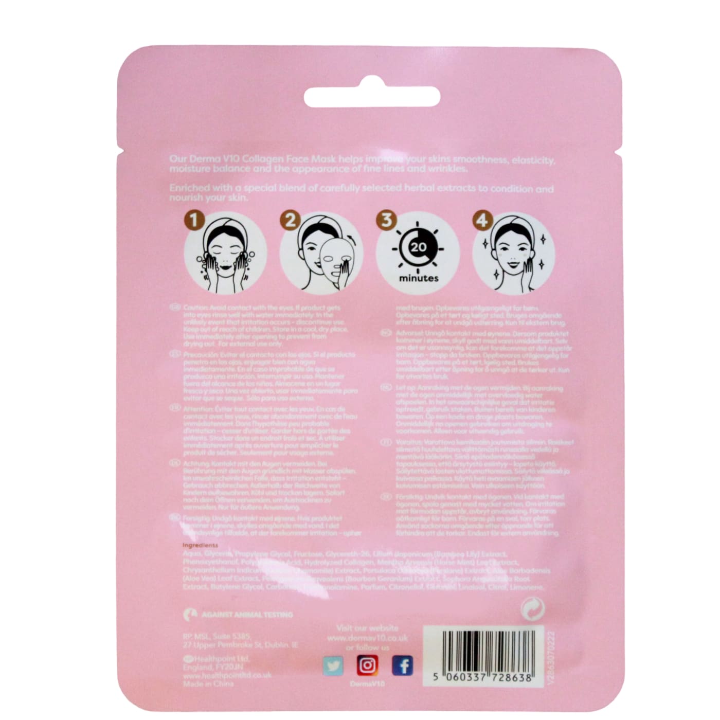 DERMA V10 ANTI AGEING COLLAGEN FACE MASK WITH ALOE VERA