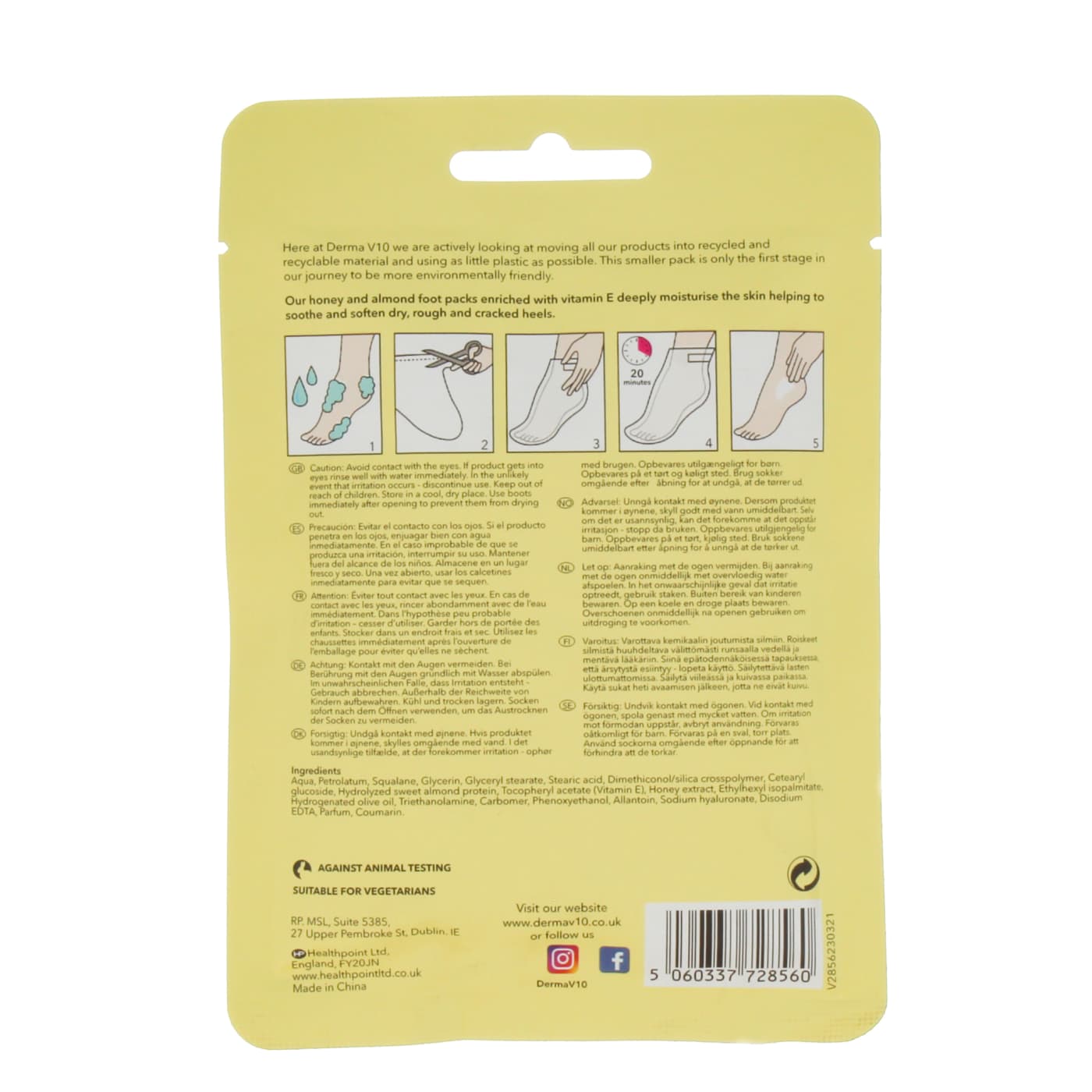Derma V10 Deep Moisturising Foot Pack Honey & Almond