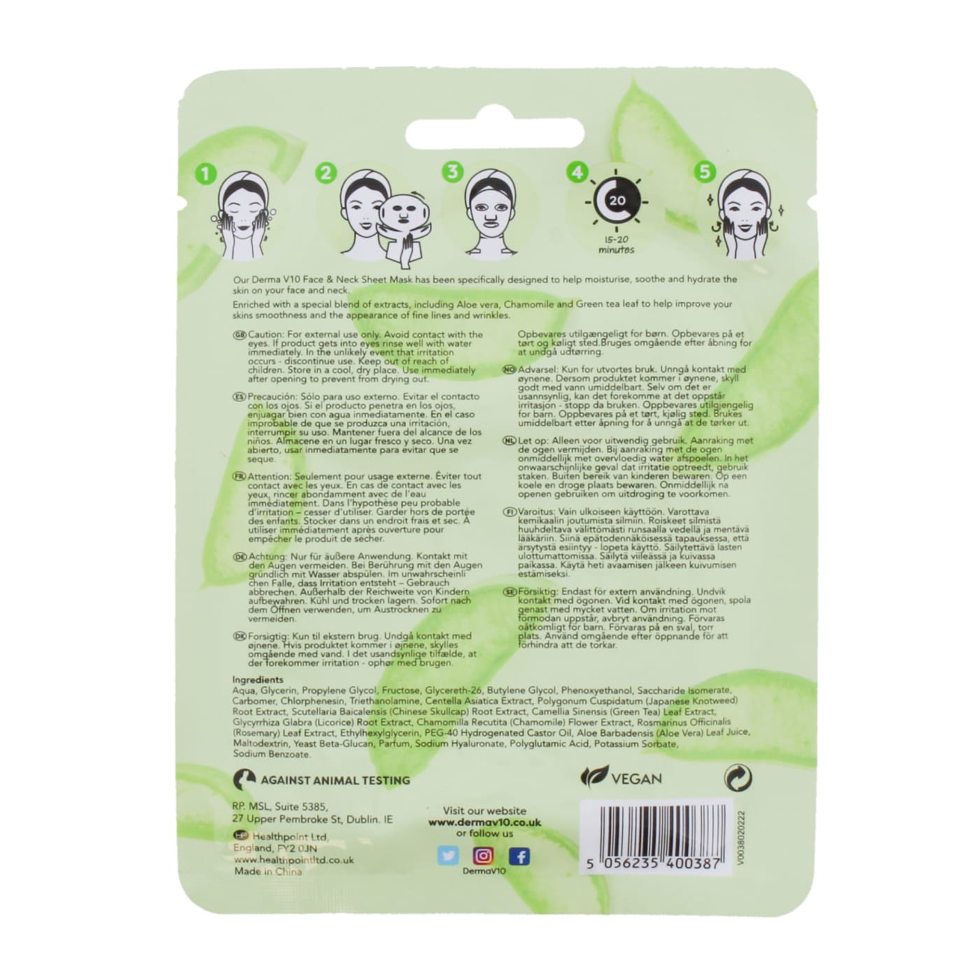 DERMA V10 FACE & NECK MASK ALOE VERA