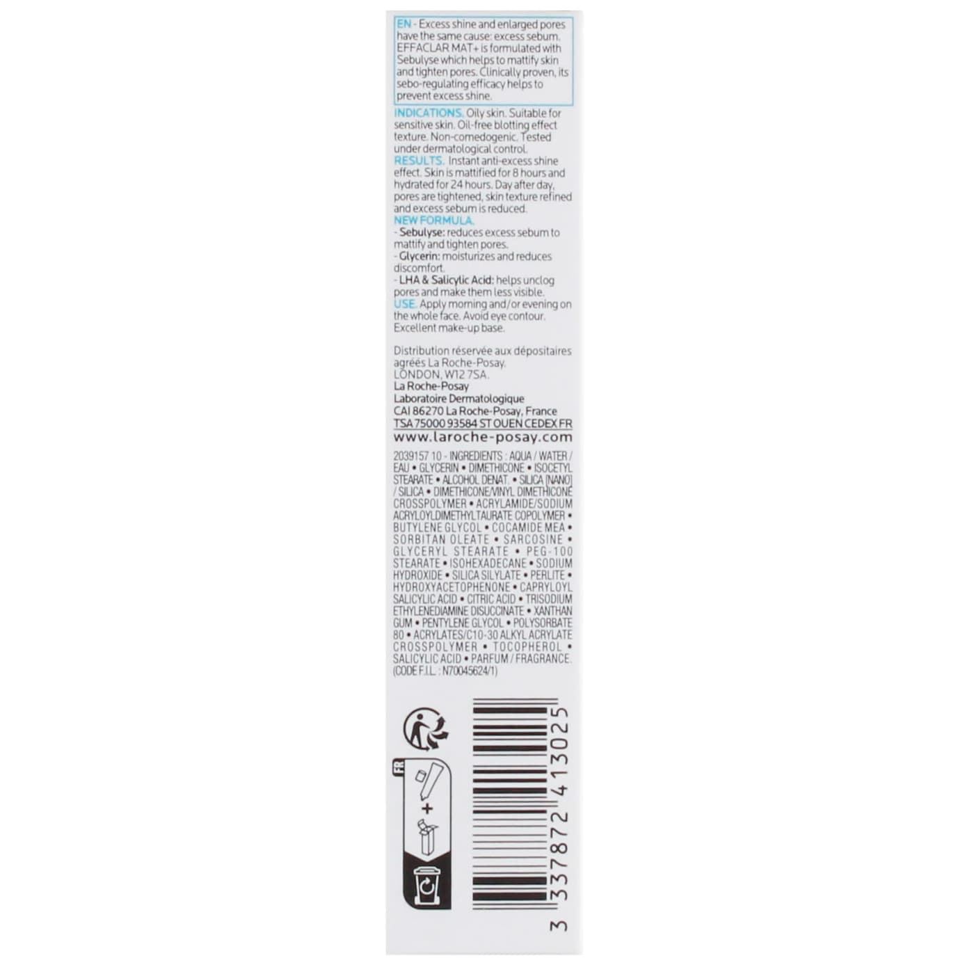 LA ROCHE POSAY 40ML DAILY MOISTURISER FOR OILY SKIN EFFACLAR MAT 11/27 03/28