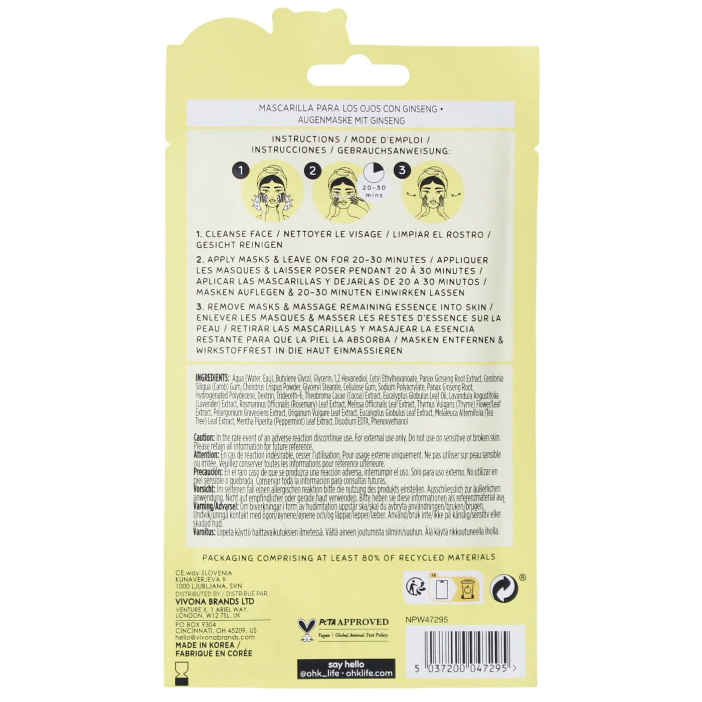 Oh K! 2 x 1.5g Eye Mask Ginseng & Eucalyptus Extract Hydrates & Soothes