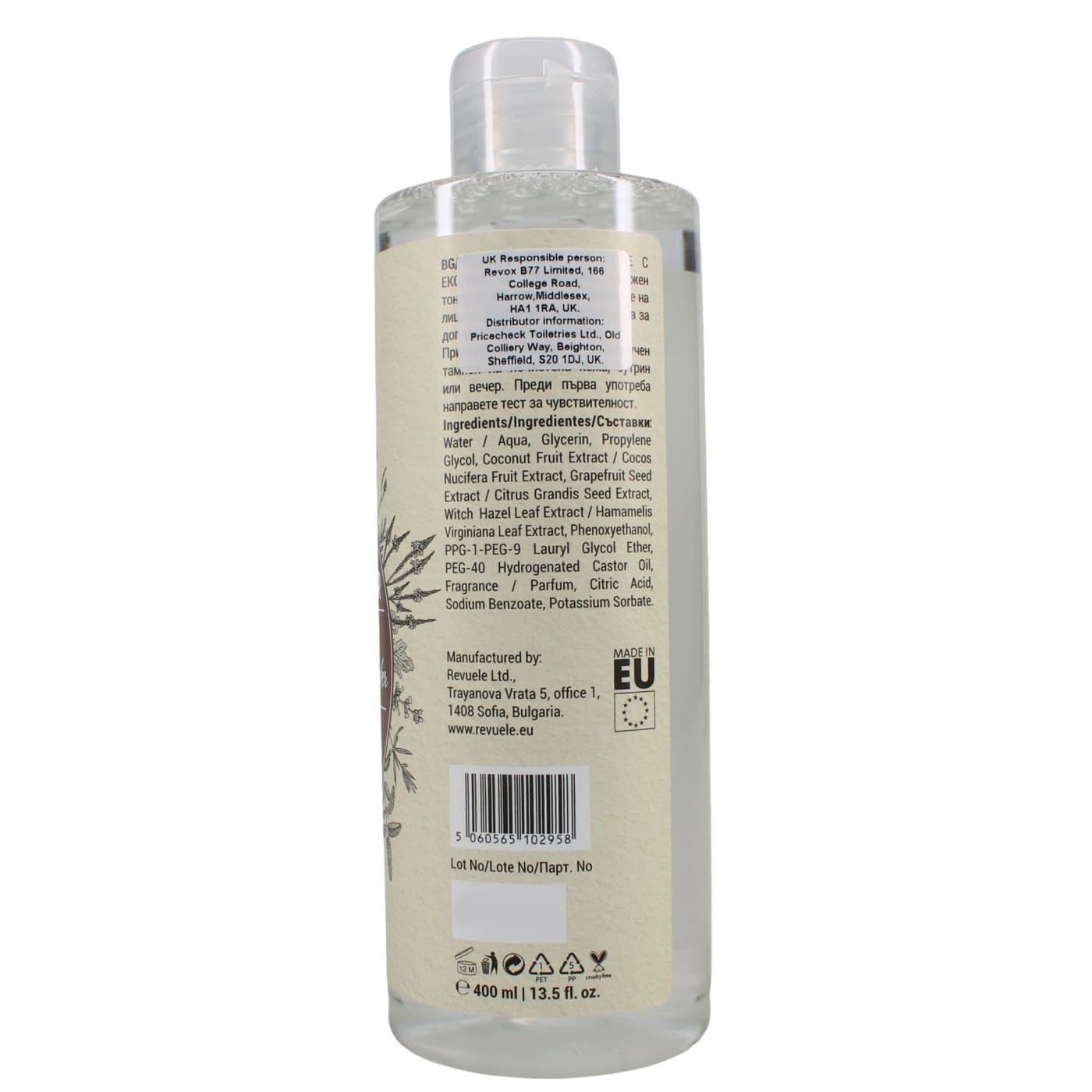 REVUELE 400ML FACE TONER WITH WITCH HAZEL AND COCONUT WATER
