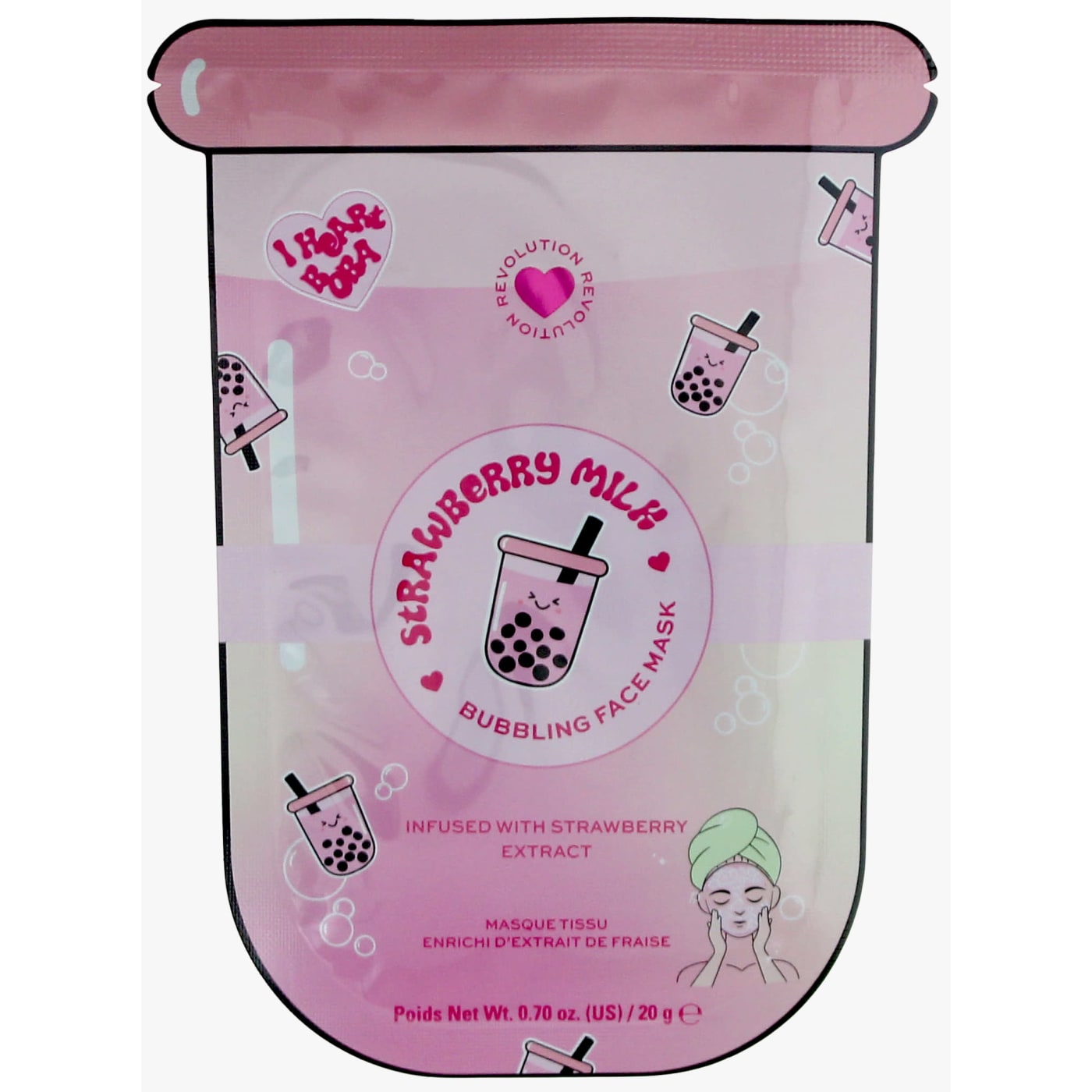 I Heart Revolution Bubble Tea Strawberry Milk Bubble Sheet Mask Strawberry Pink