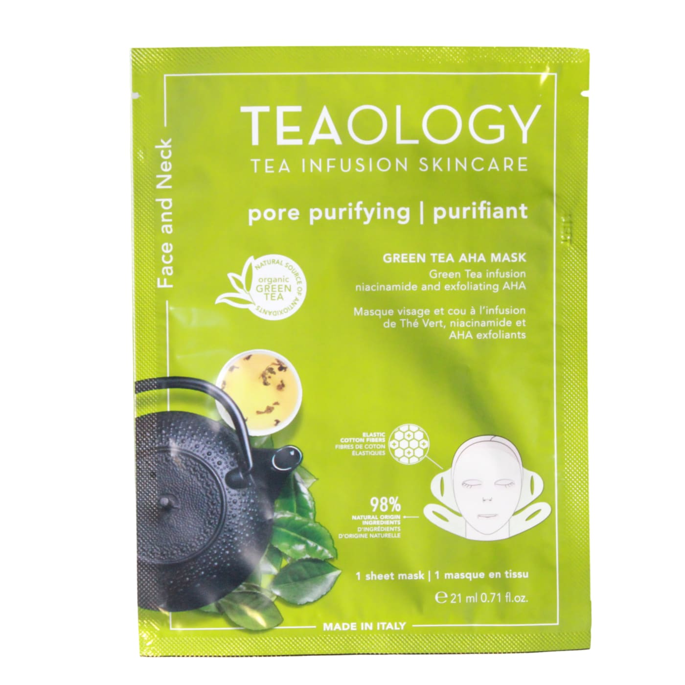 TEAOLOGY 21ML FACE & NECK MASK GREEN TEA, NIACINAMIDE & AHA PORE PURIFYING