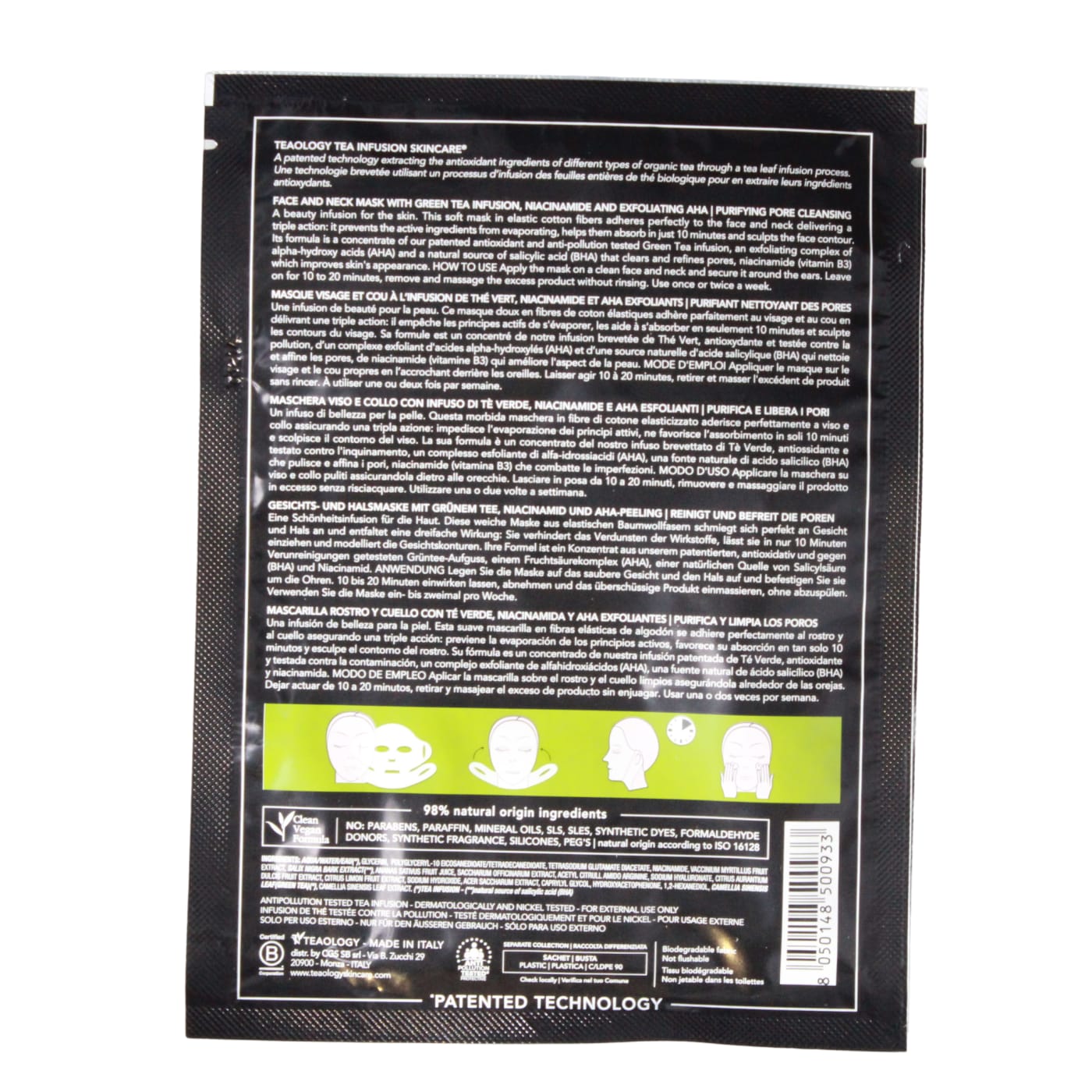 TEAOLOGY 21ML FACE & NECK MASK GREEN TEA, NIACINAMIDE & AHA PORE PURIFYING