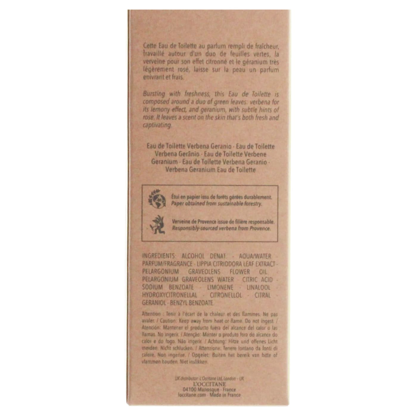 L'OCCITANE VERVEINE GERANIUM 100ML EDT SPRAY LIMITED EDITION