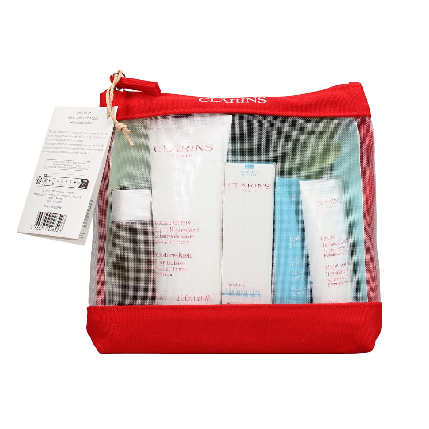 Clarins Head To Toe Moisturising Essentials Gift Set 6pc (100ml Moisture-Rich Body Lotion, 50ml Cleansing Micellar Water, 30ml Hydra-Essential Cream, 30ml Hand & Nail Cream, 7ml Total Eye Blue Gel & Bag)