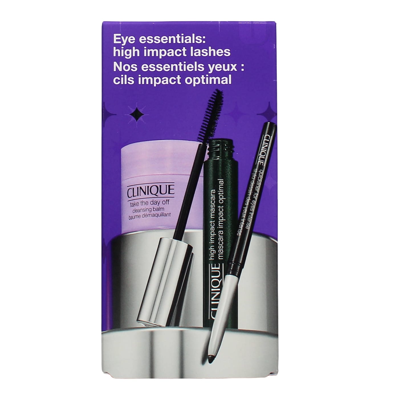 CLINIQUE EYE ESSENTIALS: HIGH IMPACT LASHES MASCARA GIFT SET 3PC (7ML HIGH IMPACT MASCARA BLACK, 0.14G QUICK LINER INTENSE BLACK & 15ML TAKE THE DAY OFF CLEANSING BALM)