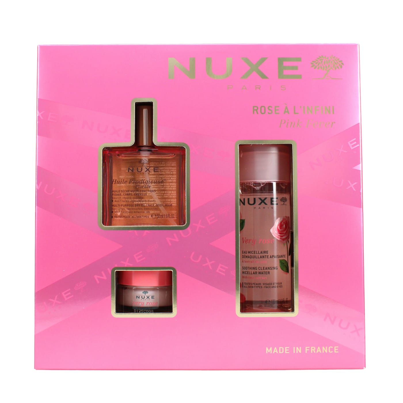 Nuxe Pink Fever Set 3pc (50ml Huile Prodigieuse Floral Dry Oil, 100ml Micellar Water & 15g Lip Balm)