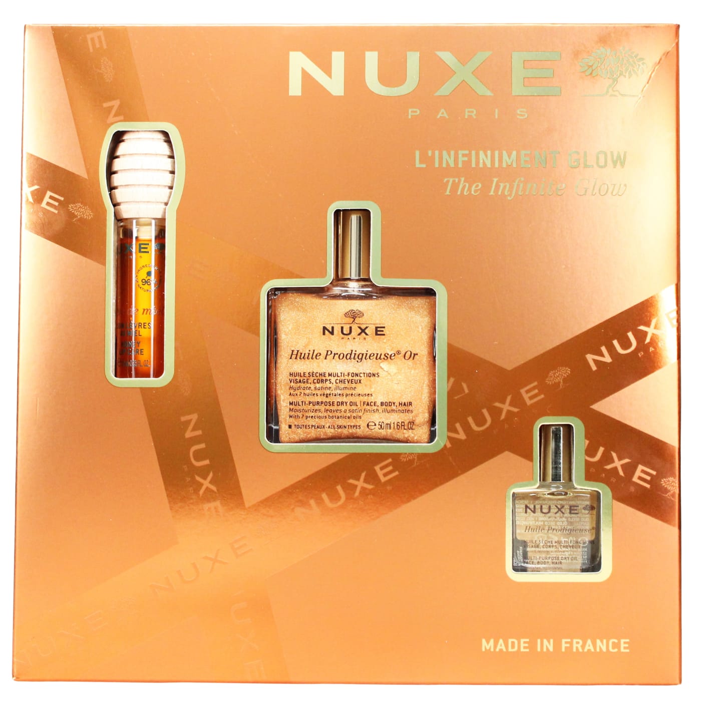 Nuxe The Infinite Glow Gift Set 3pc (50ml Huile Prodigieuse Dry Oil, 10ml Huile Prodigieuse Dry Oil & 10ml Reve De Miel Honey Lip Balm)