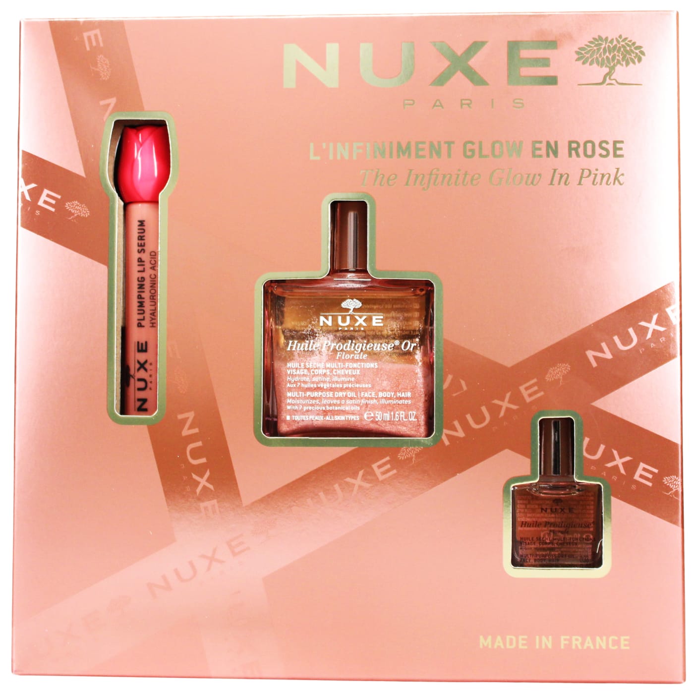 Nuxe The Infinite Glow In Pink Gift Set 3pc (50ml Huile Prodigieuse Florale Dry Oil, 10ml Huile Prodigieuse Florale Dry Oil & 10ml Very Rose Plumping Lip Serum)