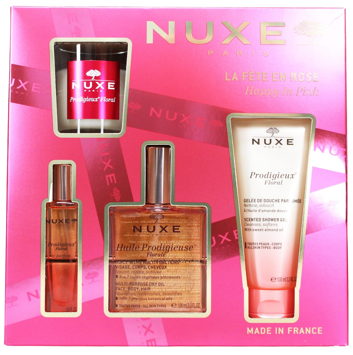NUXE HAPPY IN PINK GIFT SET 4PC (100ML HUILE PRODIGIEUSE FLORALE DRY OIL, 15ML PRODIGIEUX FLORAL LE PARFUM, 100ML PRODIGIEUX FLORAL SHOWER GEL & 60G PRODIGIEUX CANDLE)