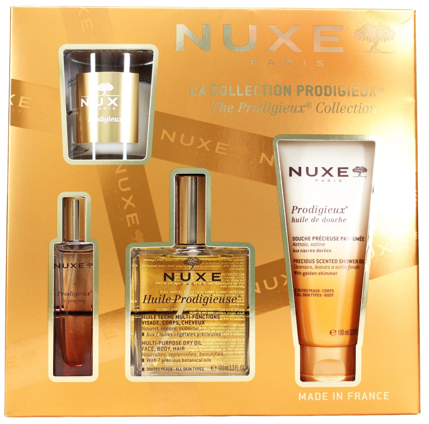 NUXE THE PRODIGIEUX COLLECTION GIFT SET 4PC (100ML HUILE PRODIGIEUSE DRY OIL, 15ML PRODIGIEUX LE PARFUM, 100ML PRODIGIEUX SHOWER OIL & 60G PRODIGIEUX CANDLE)