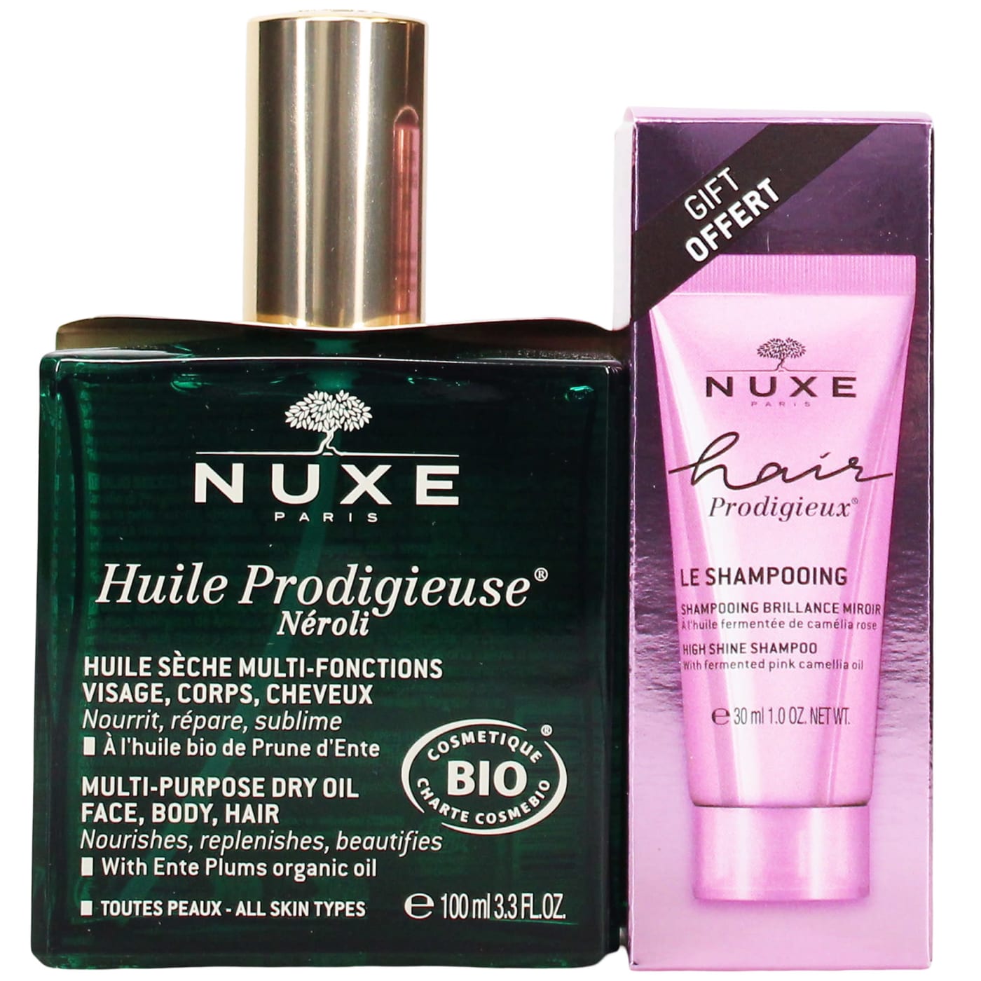 Nuxe Huile Prodigieuse Neroli 100ml Multi-Purpose Dry Oil & Nuxe Hair Prodigieux 30ml Shampoo High Shine Gift