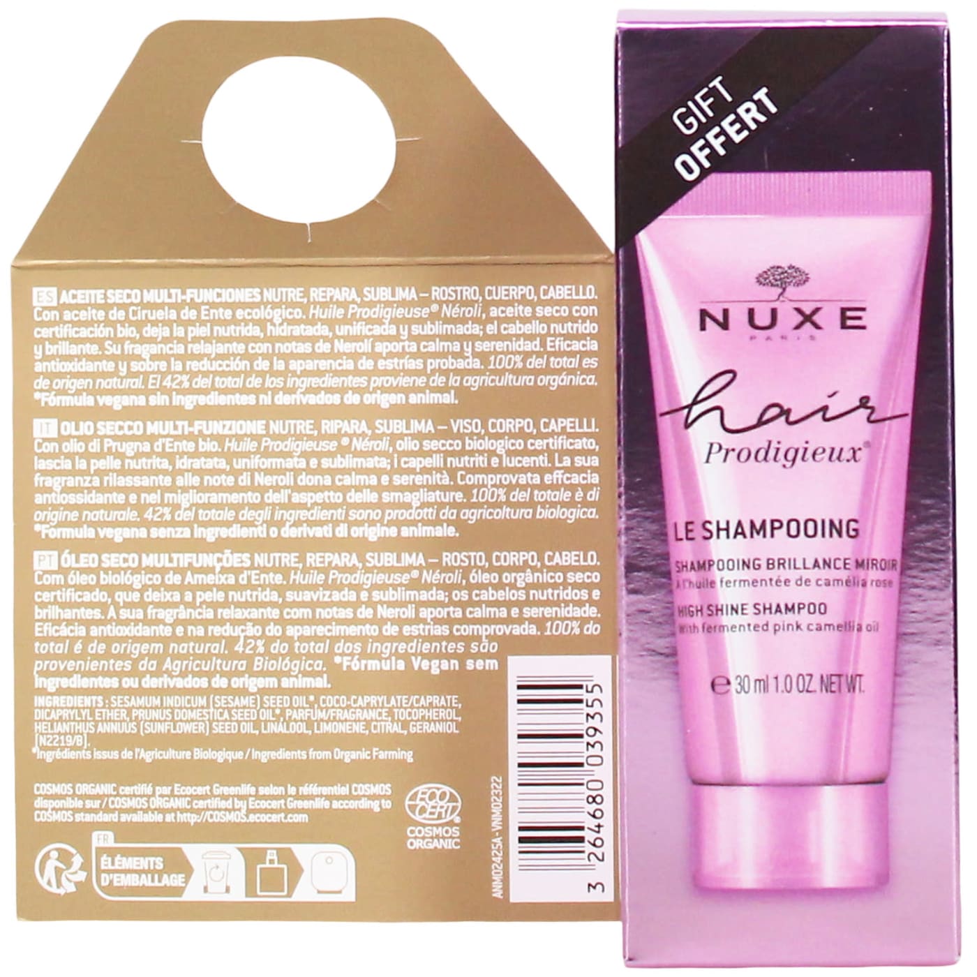 Nuxe Huile Prodigieuse Neroli 100ml Multi-Purpose Dry Oil & Nuxe Hair Prodigieux 30ml Shampoo High Shine Gift