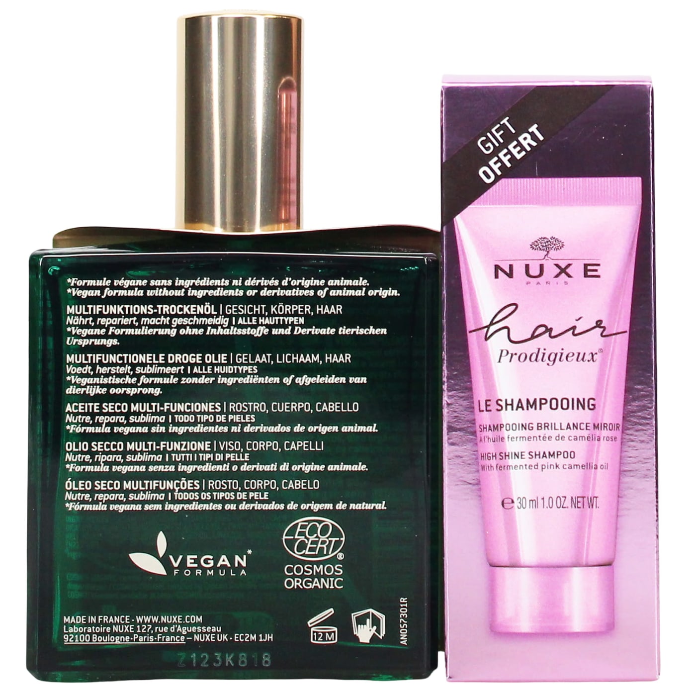 Nuxe Huile Prodigieuse Neroli 100ml Multi-Purpose Dry Oil & Nuxe Hair Prodigieux 30ml Shampoo High Shine Gift