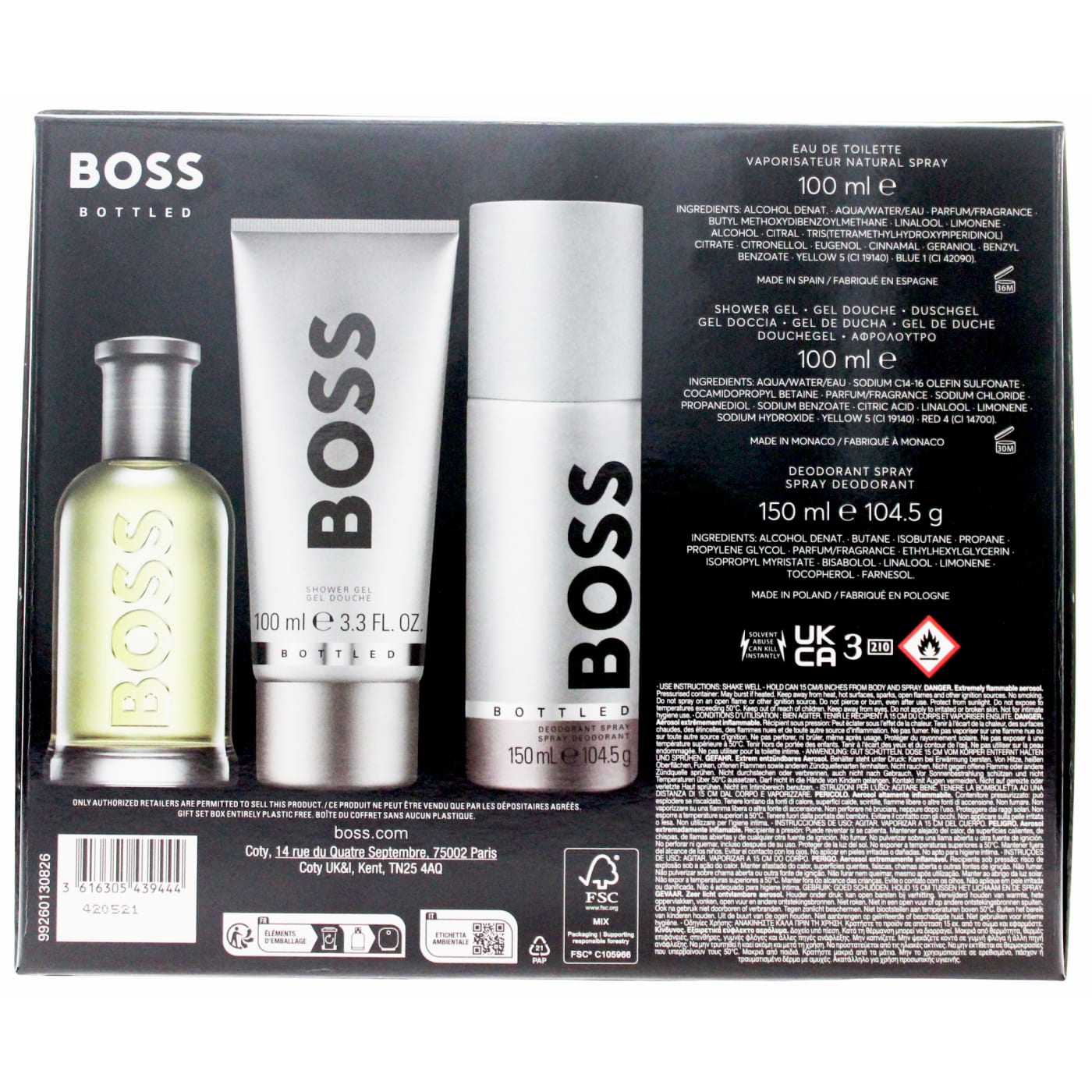 Hugo Boss Boss Bottled Gift Set 3pc 100ml EDT Spray, 100ml Shower Gel & 150ml Deodorant Spray)