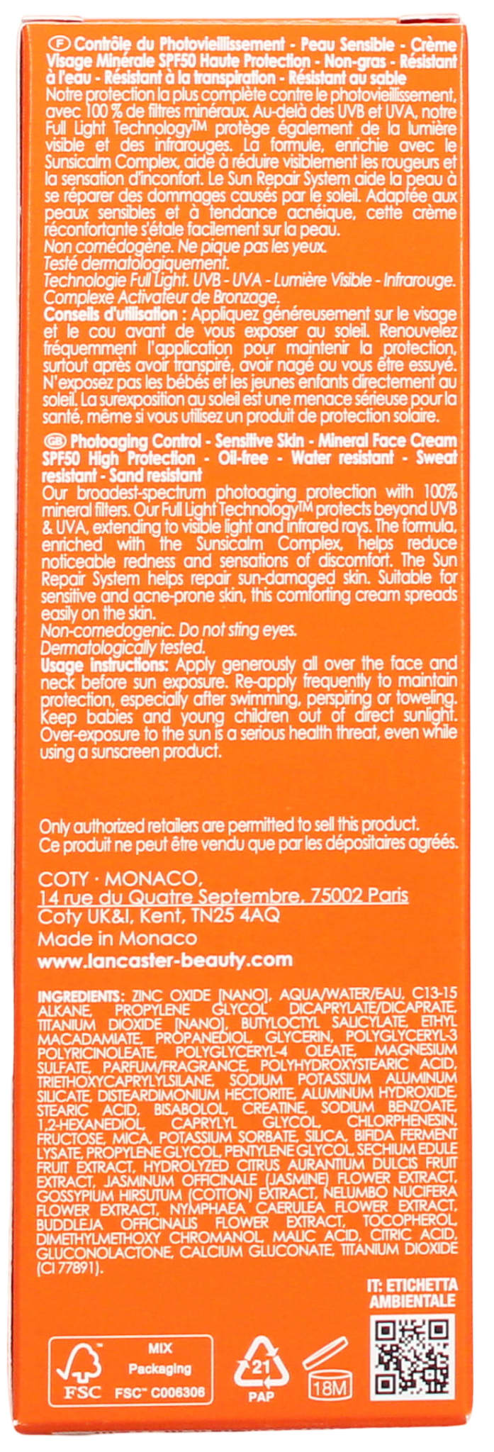 LANCASTER SUN BEAUTY 50ML FACE CREAM MINERAL SPF50