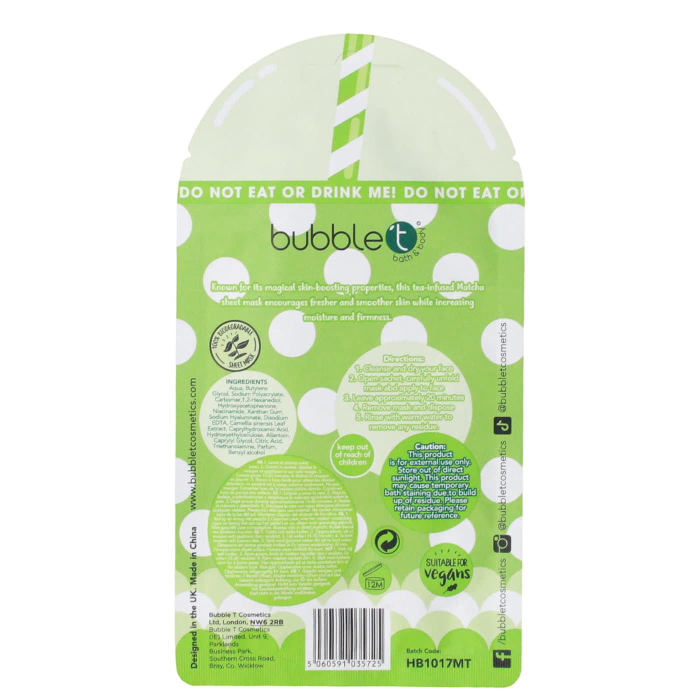 Bubble T Sheet Mask Hydrating & Toning Matcha