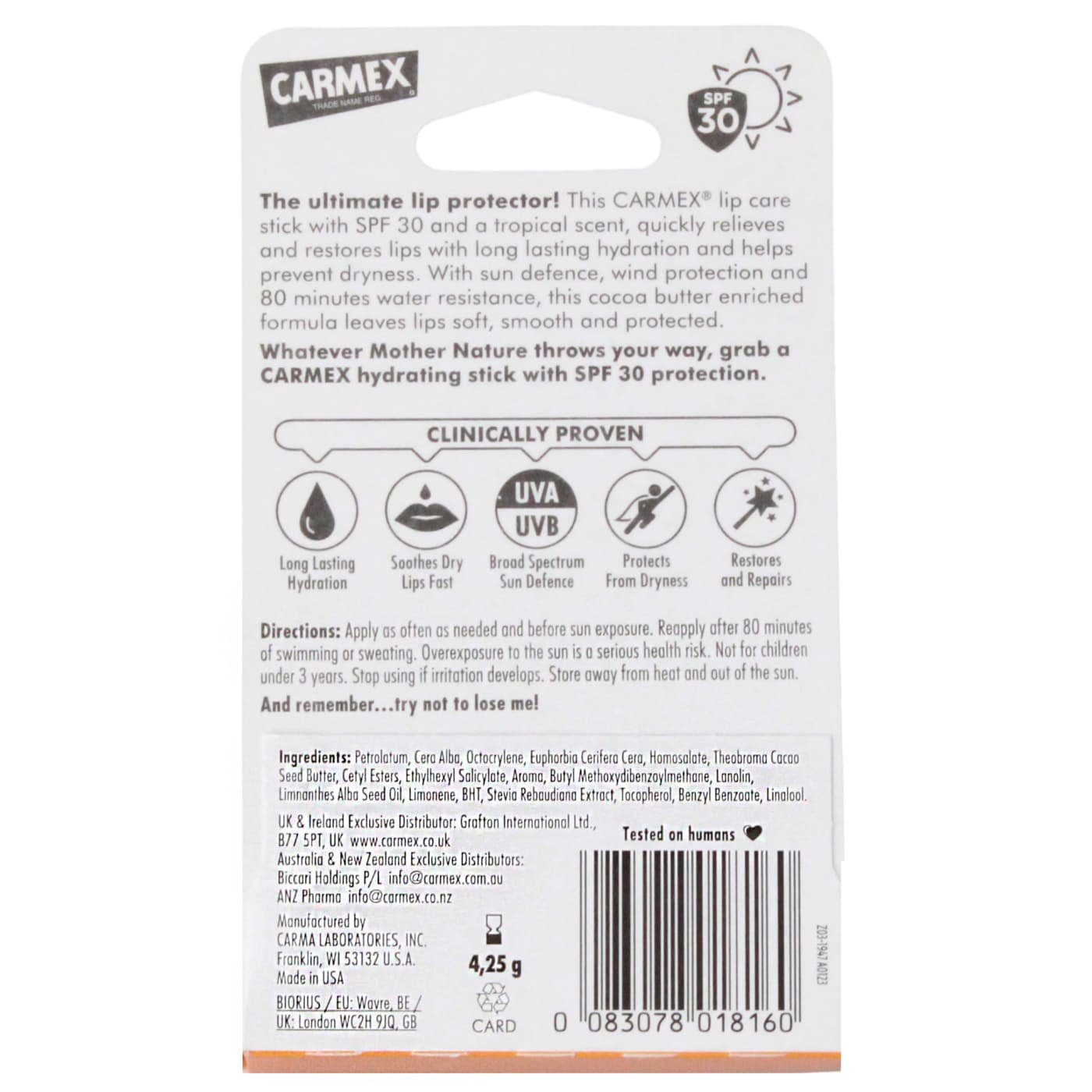 Carmex 4.25g Lip Balm Stick Tropical SPF 30