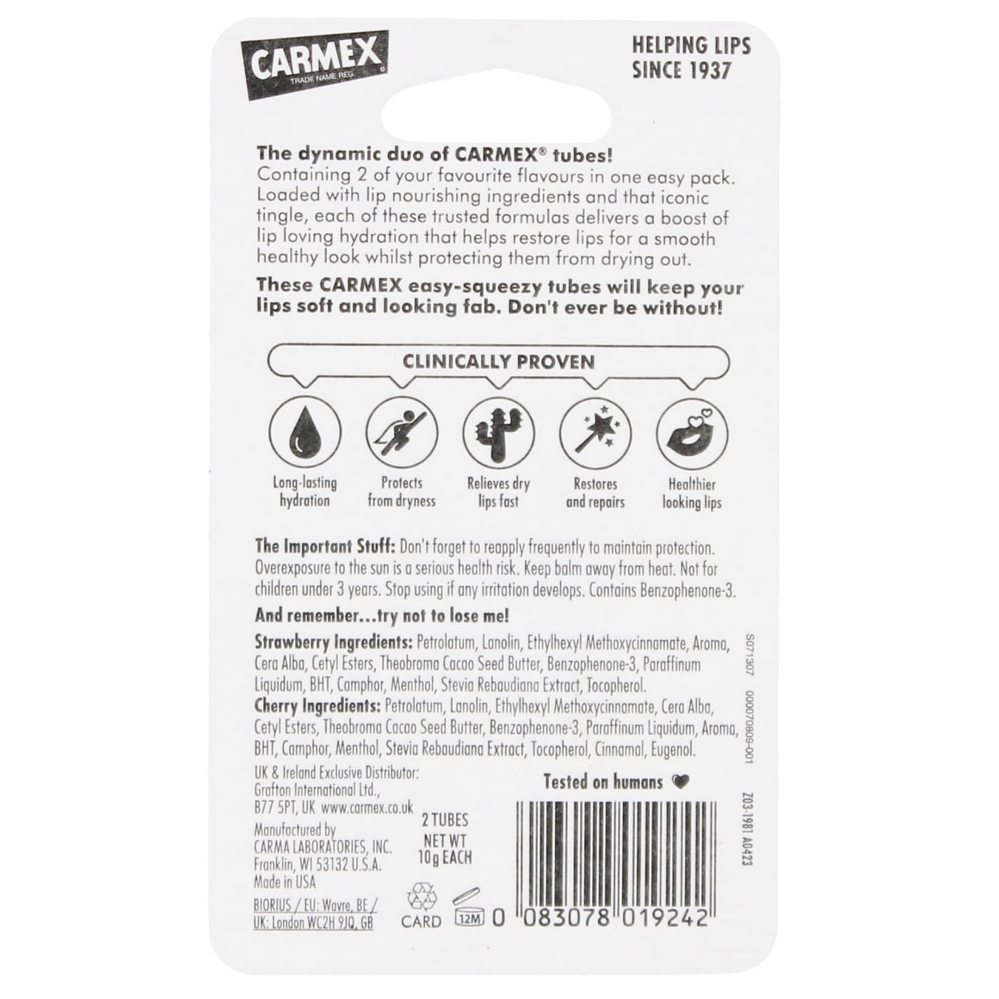 Carmex Lip Balm Tube Strawberry And Cherry 0.35 Oz 144/Ca 2Pack Rrp