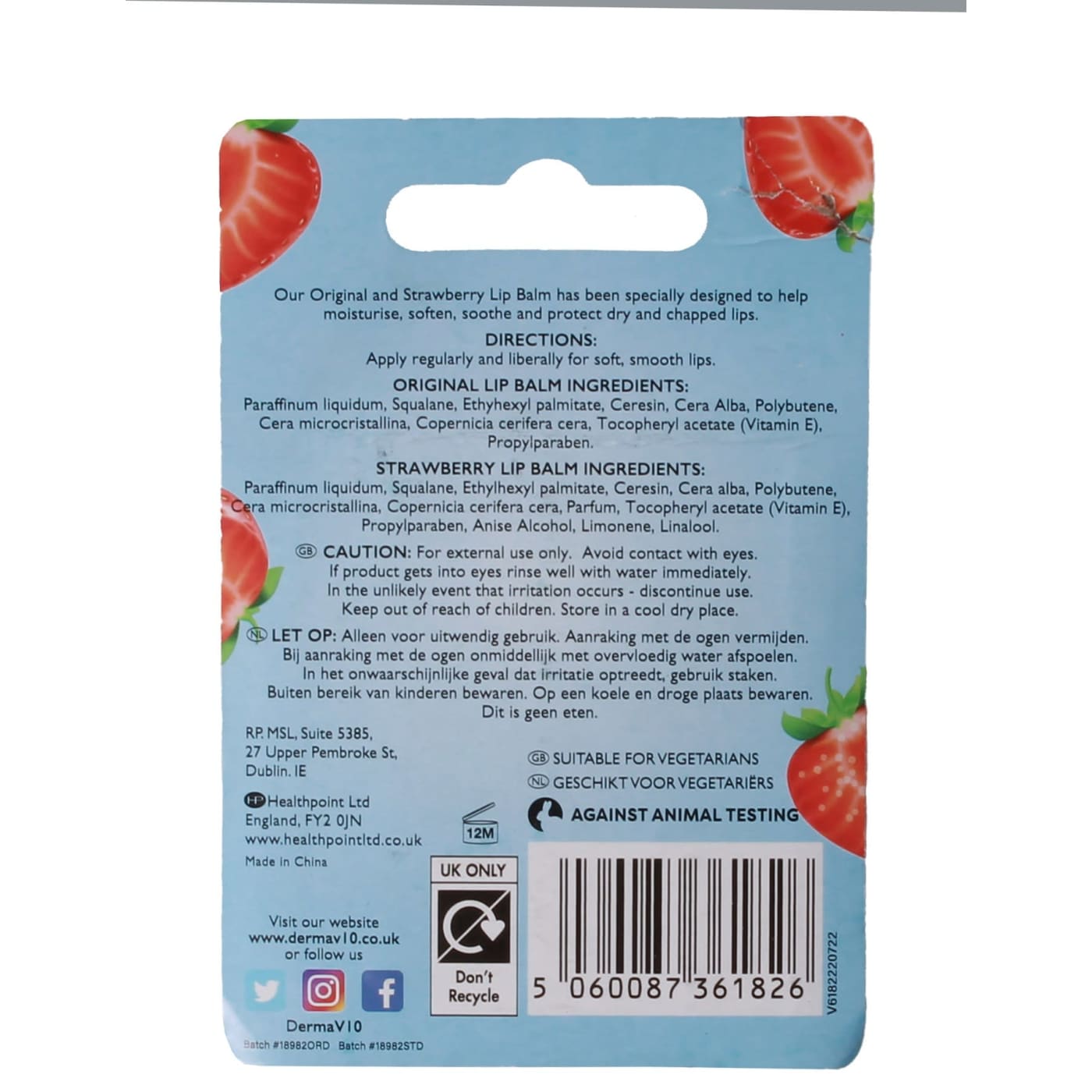 Derma V10 Lip Balm Original & Strawberry 3 Pack