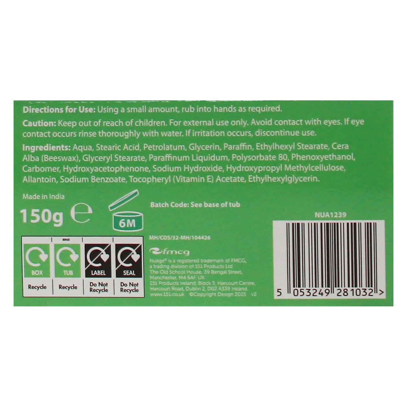 Nuage Active Hands 150g Tough Hand Cream Tub