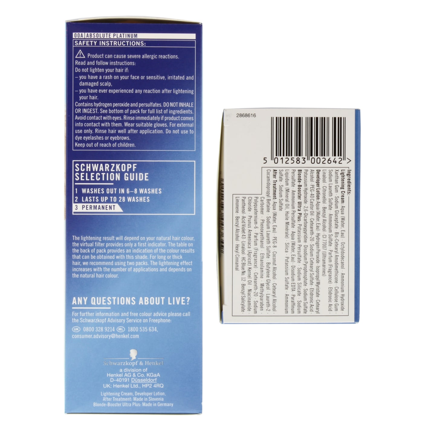 SCHWARZKOPF LIVE INTENSE LIGHTENER PERMANENT HAIR DYE ABSOLUTE PLATINUM 00A