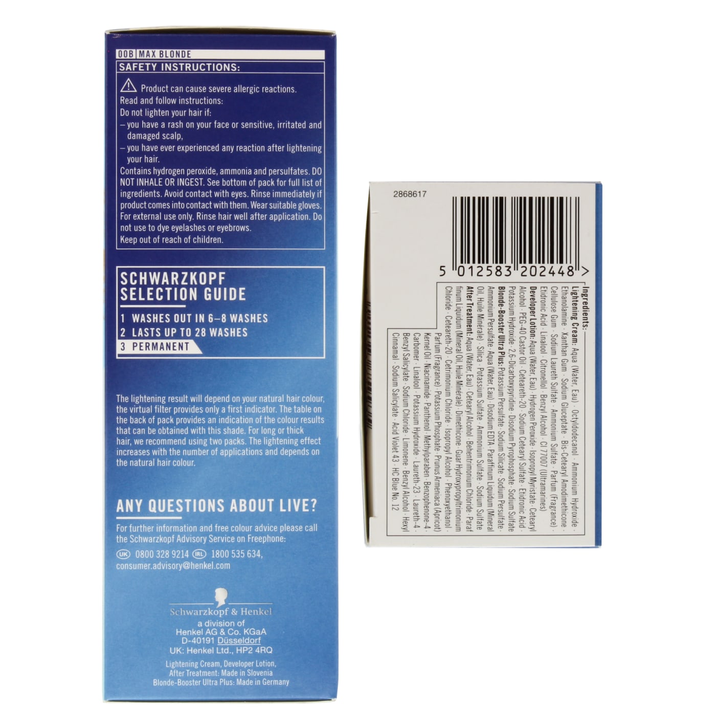 Schwarzkopf Live Intense Lightener Permanent Hair Dye Max Blonde 00B
