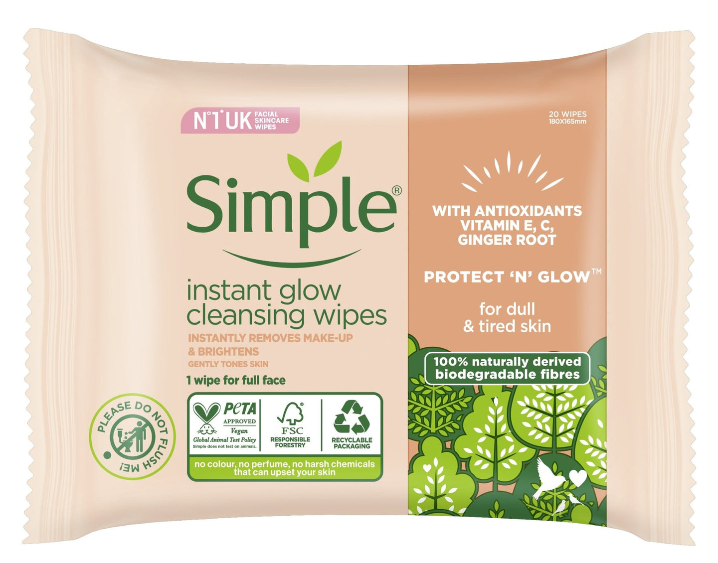 SIMPLE CLEANSING WIPES INSTANT GLOW BIODEGRADABLE 20'S