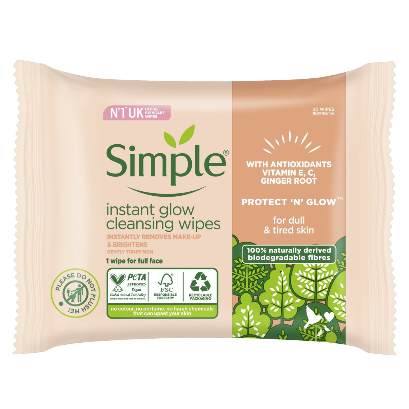 SIMPLE CLEANSING WIPES INSTANT GLOW BIODEGRADABLE 20'S