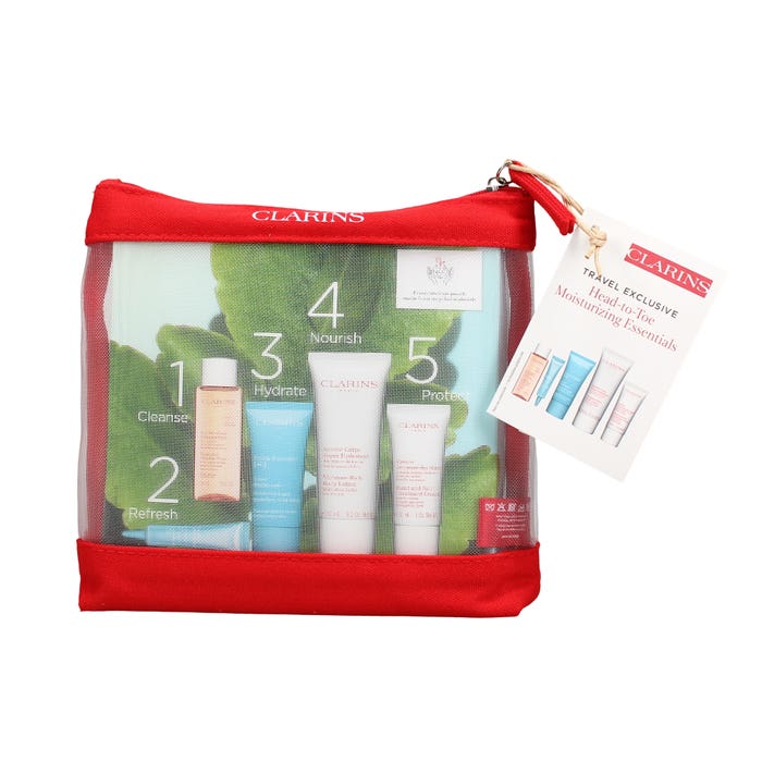 CLARINS HEAD TO TOE MOISTURISING ESSENTIALS GIFT SET 6PC (100ML MOISTURE-RICH BODY LOTION, 50ML CLEANSING MICELLAR WATER, 30ML HYDRA-ESSENTIAL CREAM, 30ML HAND & NAIL CREAM, 7ML TOTAL EYE BLUE GEL & BAG)