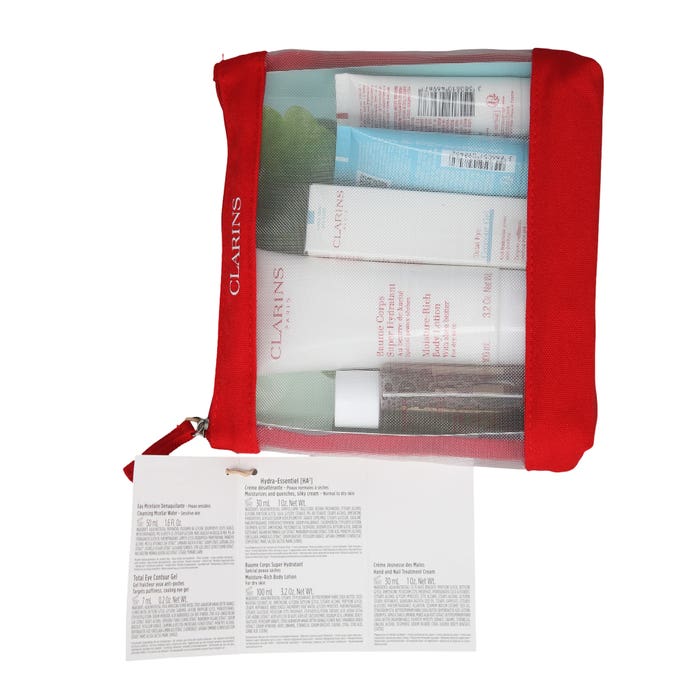 CLARINS HEAD TO TOE MOISTURISING ESSENTIALS GIFT SET 6PC (100ML MOISTURE-RICH BODY LOTION, 50ML CLEANSING MICELLAR WATER, 30ML HYDRA-ESSENTIAL CREAM, 30ML HAND & NAIL CREAM, 7ML TOTAL EYE BLUE GEL & BAG)
