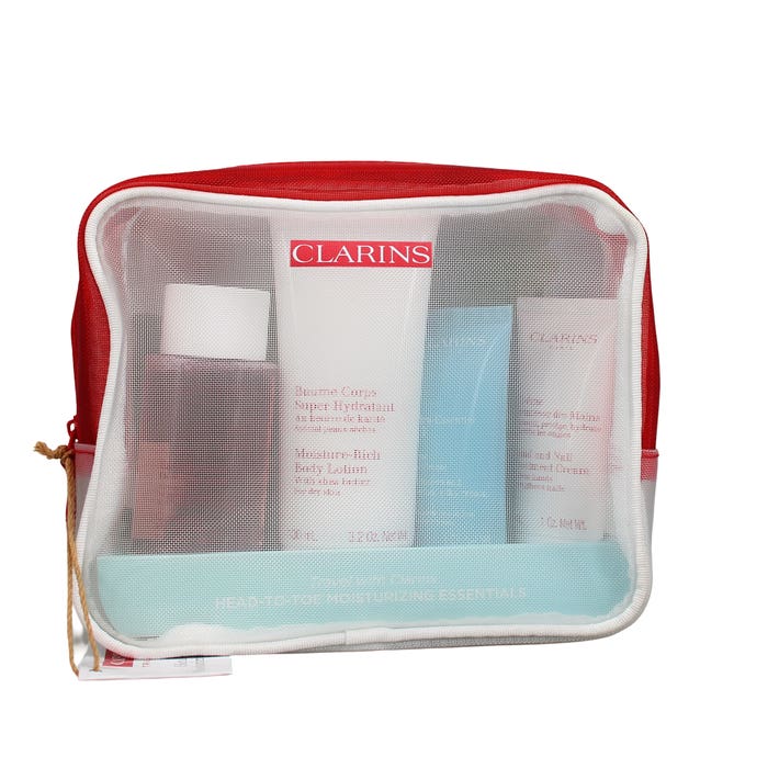 CLARINS HEAD TO TOE MOISTURISING ESSENTIALS TRAVEL SET 6PC (100ML MOISTURE-RICH BODY LOTION, 30ML HAND & NAIL CREAM, 50ML 1 STEP CLEANSER, 15ML BEAUTY FLASH BALM, 30ML HYDRA-ESSENTIAL SILKY CREAM, 3ML EYE CONTOUR GEL & BAG)