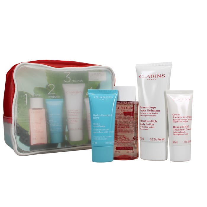 CLARINS HEAD TO TOE MOISTURISING ESSENTIALS TRAVEL SET 6PC (100ML MOISTURE-RICH BODY LOTION, 30ML HAND & NAIL CREAM, 50ML 1 STEP CLEANSER, 15ML BEAUTY FLASH BALM, 30ML HYDRA-ESSENTIAL SILKY CREAM, 3ML EYE CONTOUR GEL & BAG)